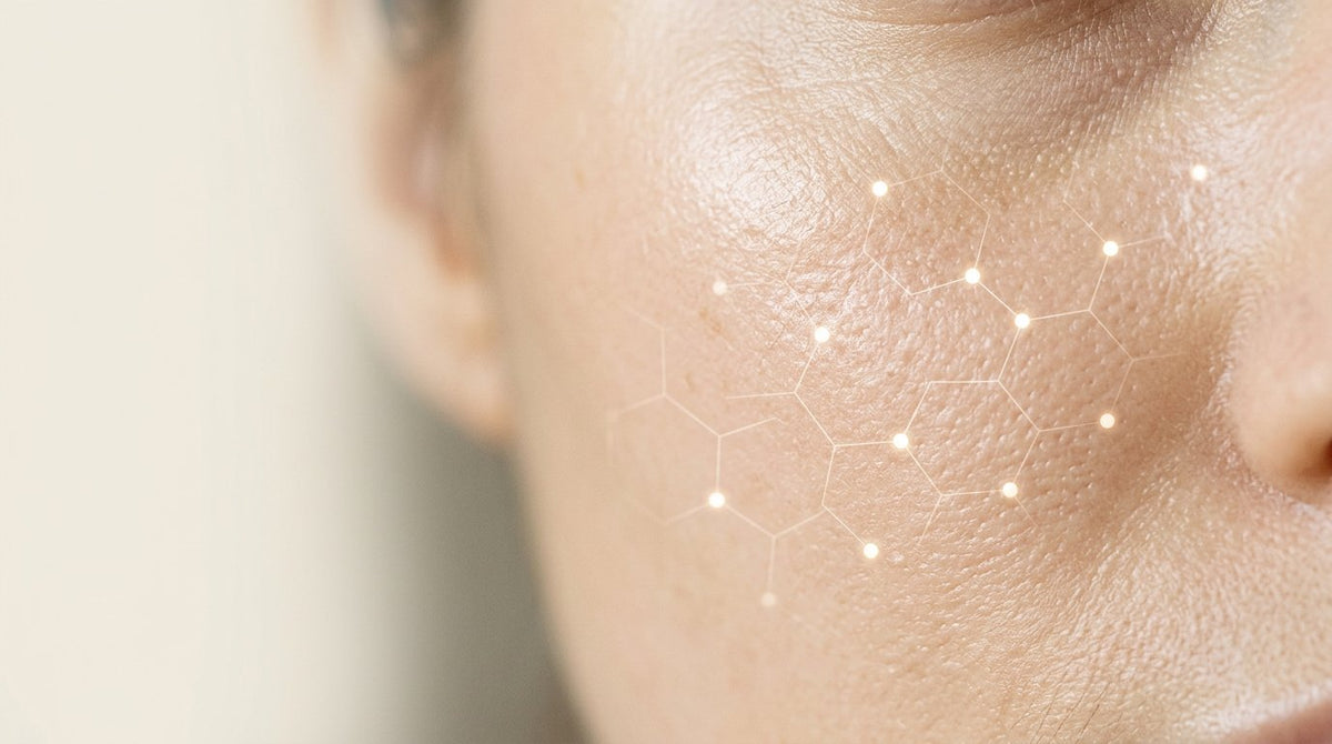 Close-up of healthy skin texture with a fine molecular pattern overlaid